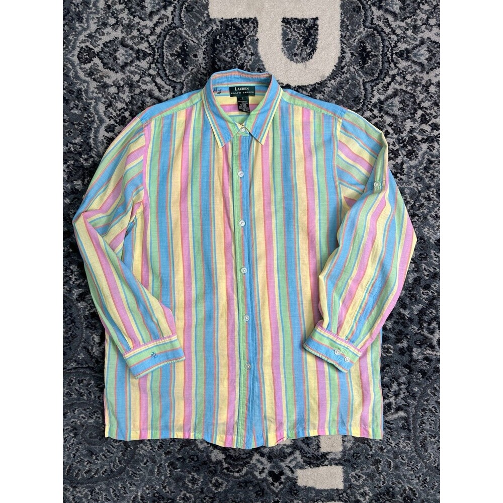 Vintage Womens Lauren Ralph Lauren pastel  striped button down shirt Size Large